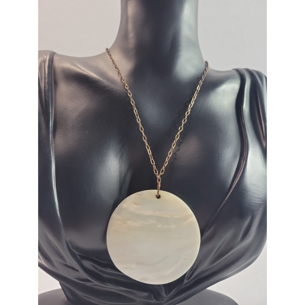 Cream Round Disc Pendant Necklace Brown Tone Chain Minimalist Boho Statement Jew